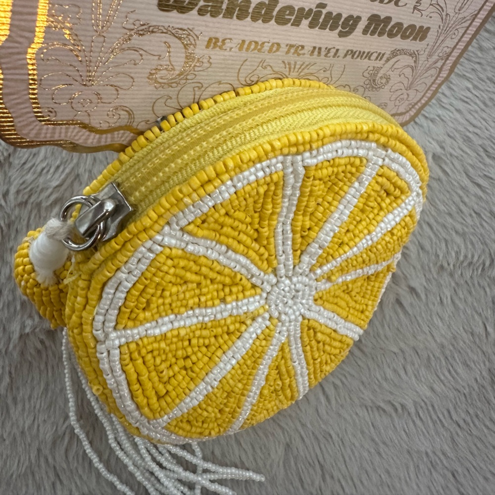 Made In India Wandering Moon Lemon Travel Beaded Pouch / Yellow Coin Purse - Picture 4 of 8